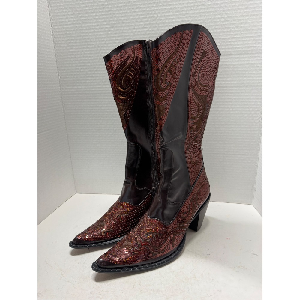 Helen's Heart Brown Sequin Western Cowboy Boots Pointed Toe Faux Fur Size 7